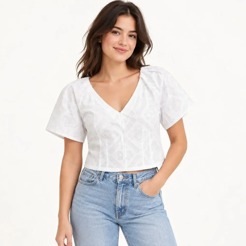 Madewell Top WMNS 14 White Floral Eyelet V Neck Darted Cropped Romantic Feminine